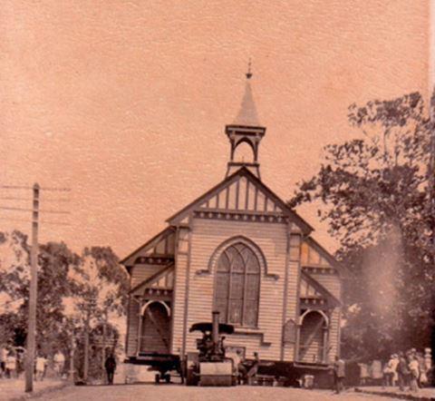 Photo: The Mt Albert Presbyterian Church being pulled across Mt Albert Road in 1922.