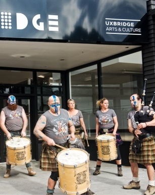 Clan Celtica performing outside the Uxbridge Arts Centre. Image: @UXBRIDGEArtsC 